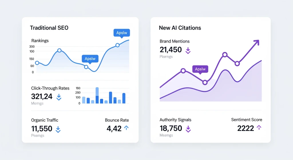SEO manager reviewing analytics showing the shift from traffic metrics to AI citation tracking
