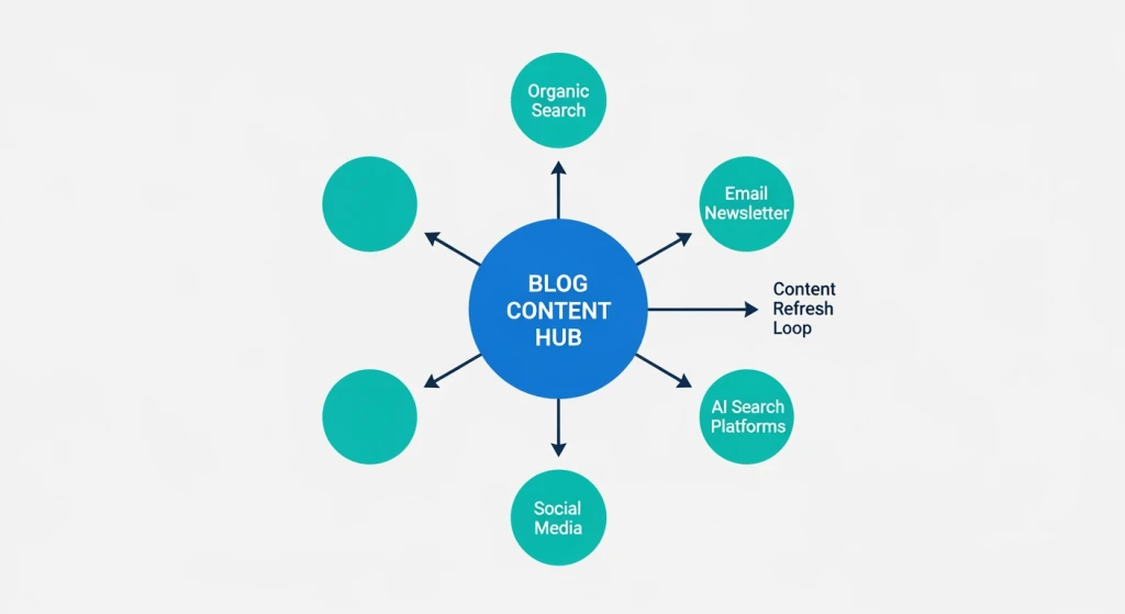 SEO traffic diversification strategy diagram showing organic search email social and AI search channels