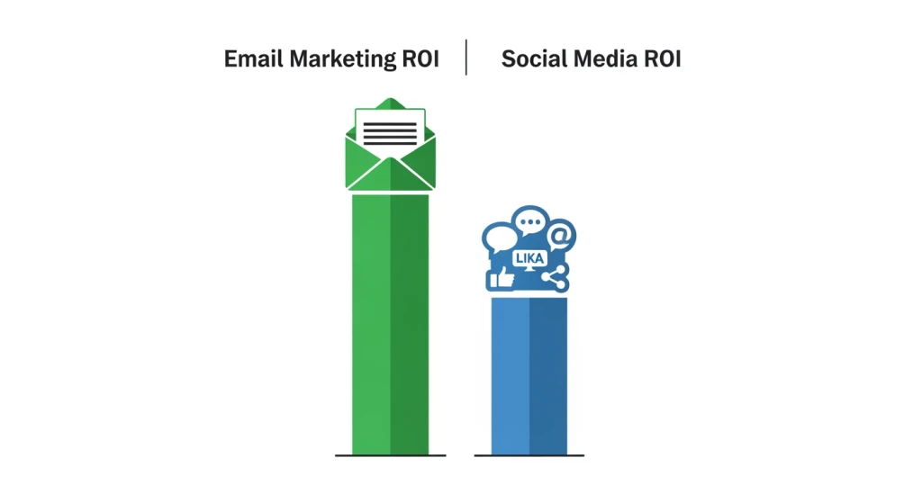 Small business marketing channel comparison showing email ROI versus social media ROI for small businesses