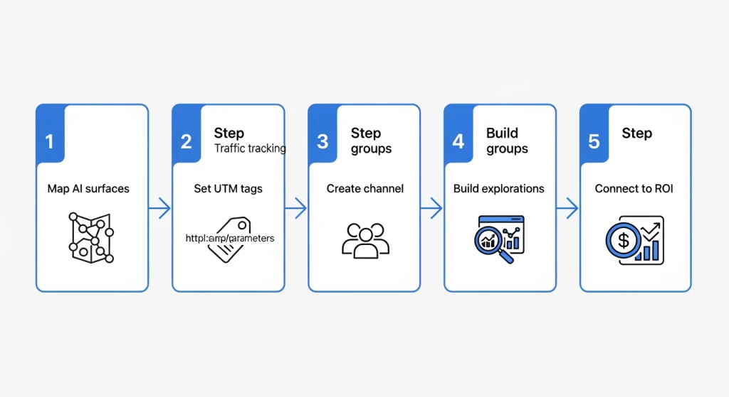 Step by step GA4 setup process for tracking AI referral traffic using custom channel groups and UTM parameters