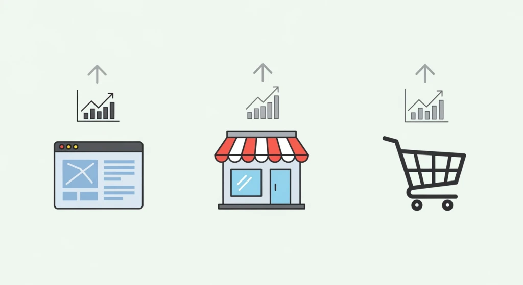 Three industry icons representing B2B software, local retail, and e-commerce showing focused marketing results