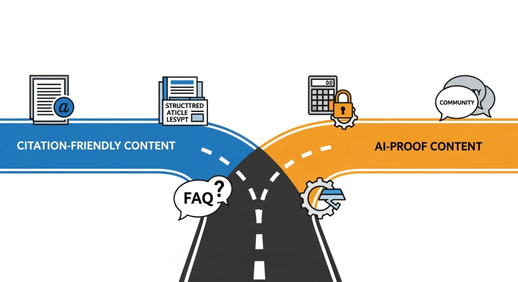 Two-track content strategy for AI search showing AI-friendly versus AI-proof content types