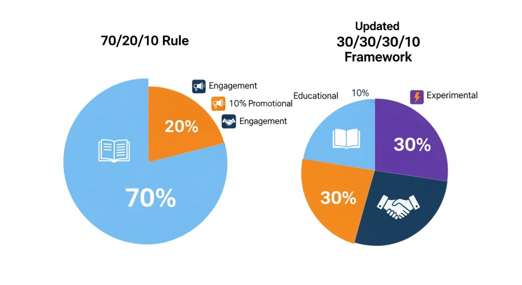 Visual breakdown of the 70-20-10 and 30-30-30-10 social media content rules for automated content planning