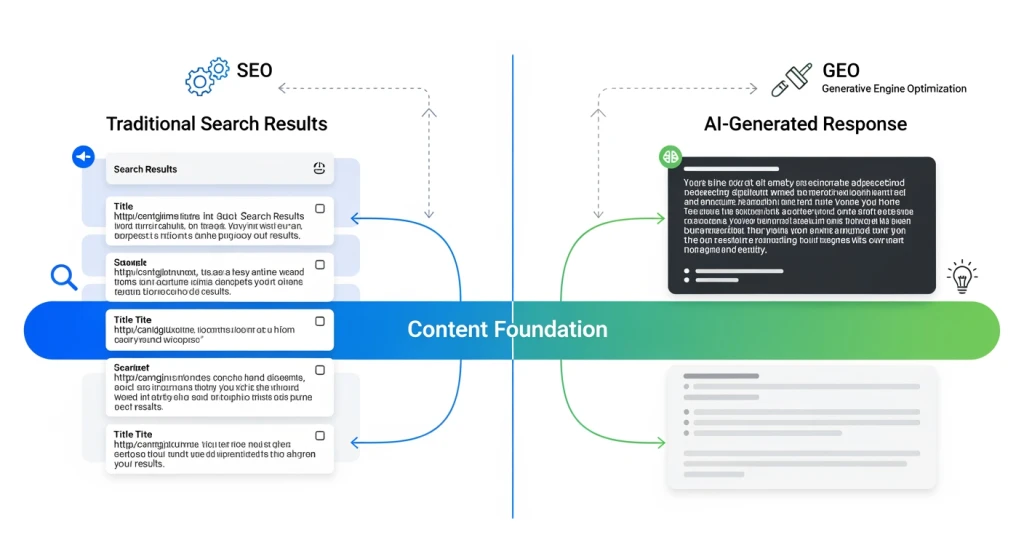 Visual comparison showing SEO and GEO as complementary channels rather than competing strategies