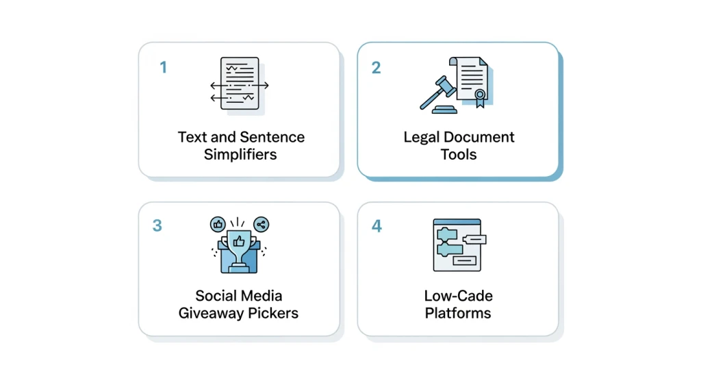 Four categories of simplifiers illustrated: text simplifiers, legal document tools, giveaway pickers, and low-code platforms