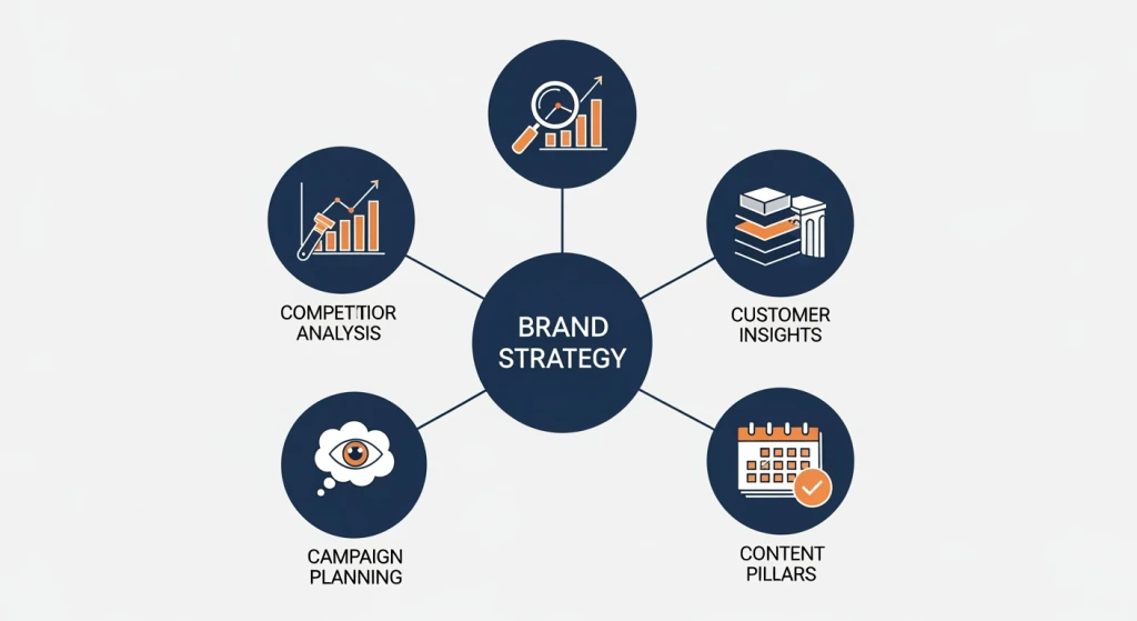Marketing strategy planning with Claude AI showing competitor analysis and voice of customer insights