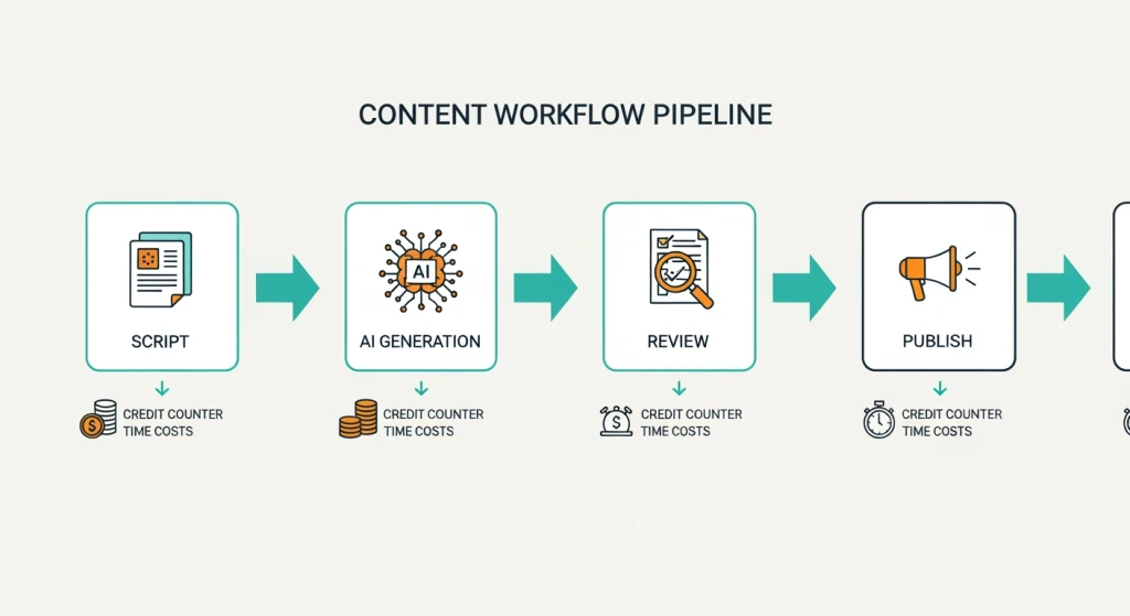 Workflow integration diagram showing how AI video generators fit into a content production pipeline