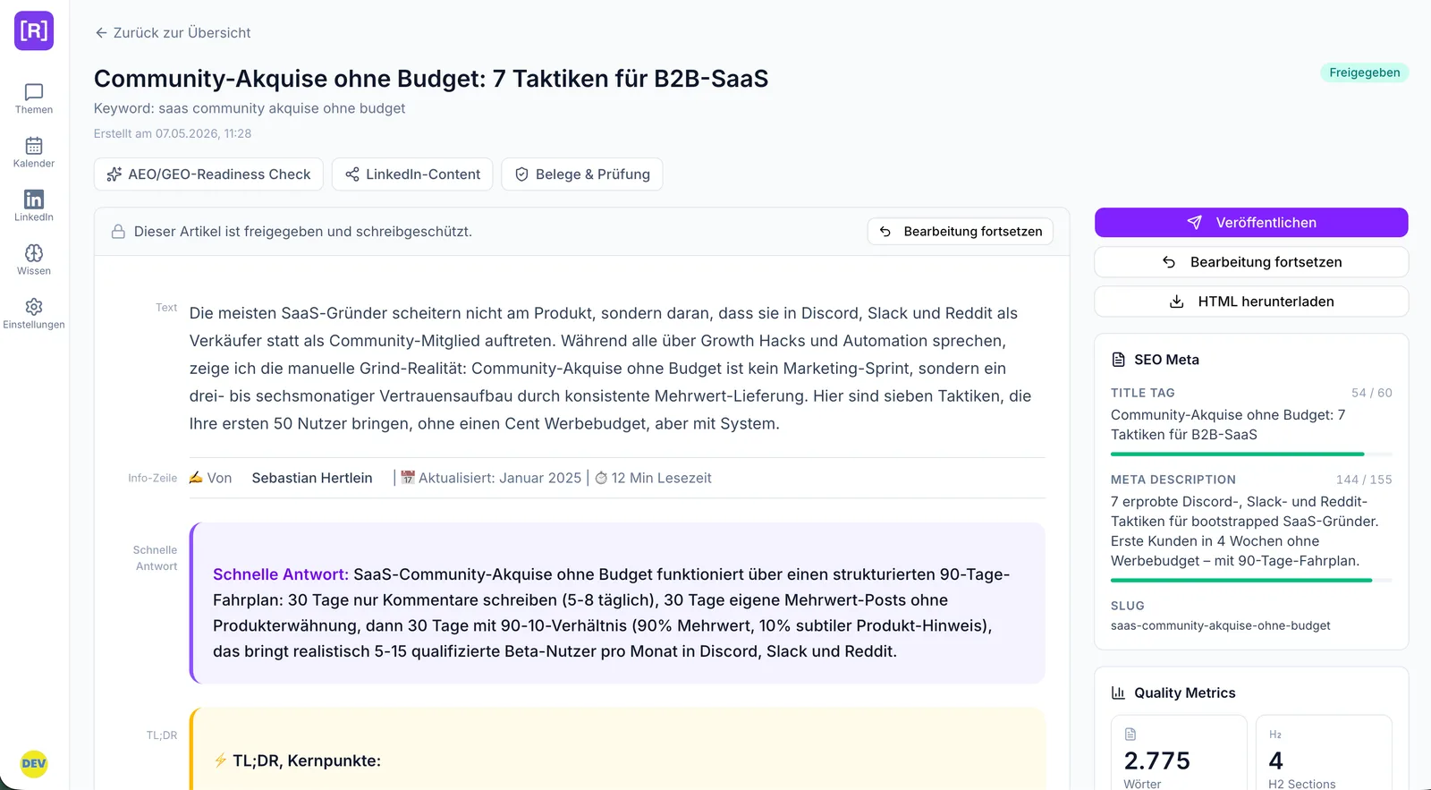 A finished, SEO-optimized specialist article in the AI Redaktion editor