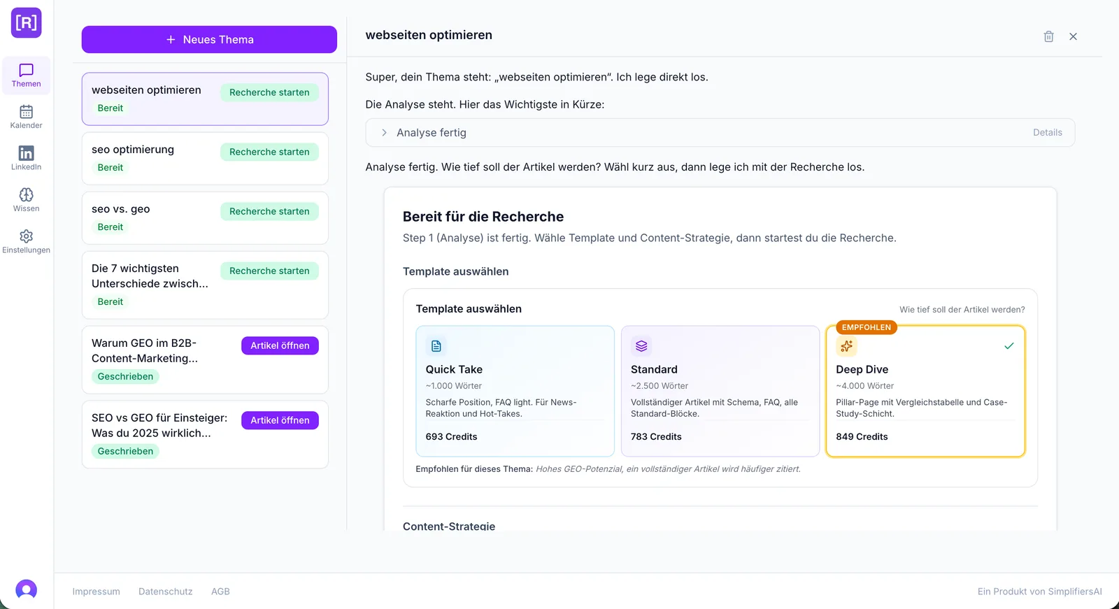 Choosing a topic and article depth in AI Redaktion